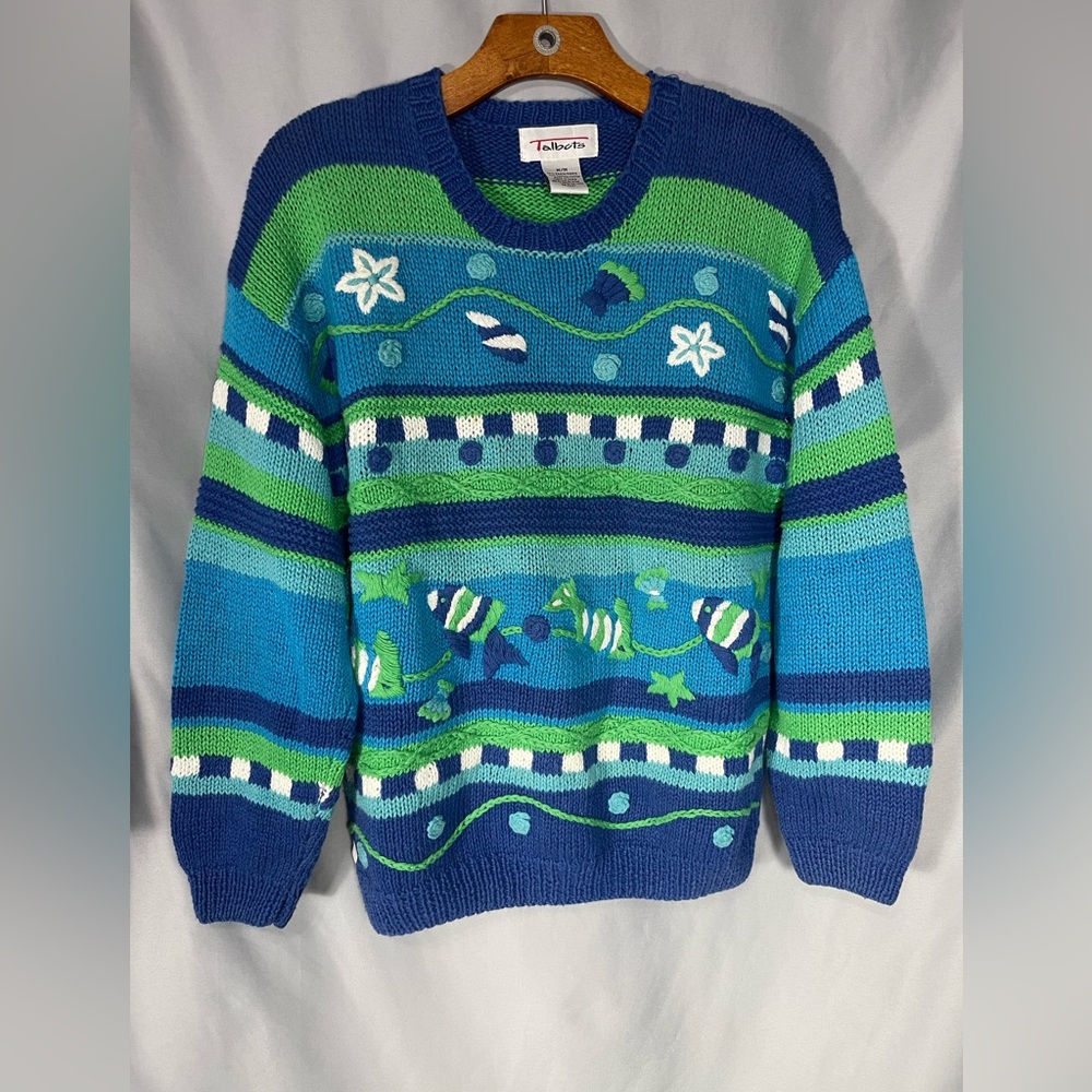 Vintage Women’s Talbots Ramie Cotton Embroidered Ocean Fish Crew Neck Sweater M